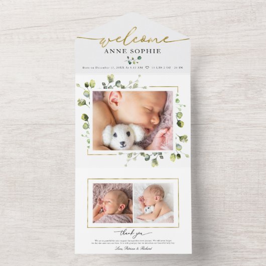 緑の写真誕生のお知らせ&サンキューカード オールインワン招待状 (内側)