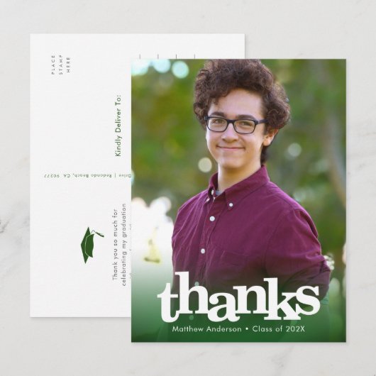 緑の写真 卒業 ありがとう 太字 タイポグラフィ ポストカード (正面/裏面)