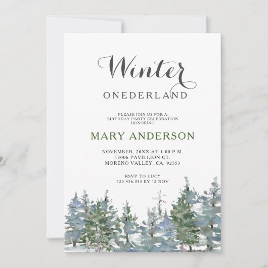 緑の冬のオンダーランド誕生日 招待状 (正面)