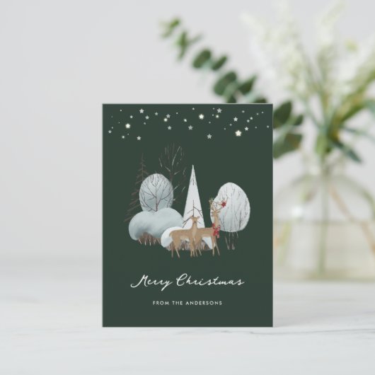 緑の冬のシーン星林の鹿のクリスマス シーズンポストカード (スタンド正面)