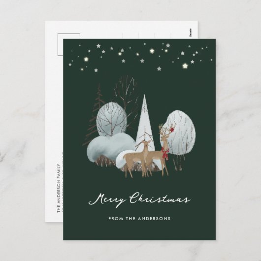 緑の冬のシーン星林の鹿のクリスマス シーズンポストカード (正面/裏面)