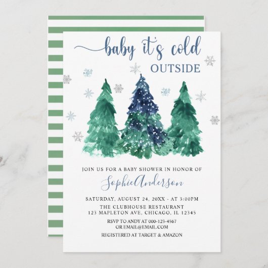 緑の冬のベビーベビーシャワー外は寒い 招待状 (正面/裏面)