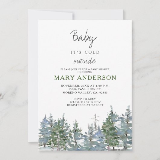 緑の冬の森の森の森の赤ちゃんシャワー 招待状 (正面)
