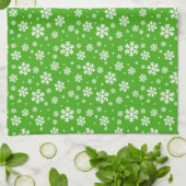緑の冬の模様に白い雪の結晶 キッチンタオル (折り畳み)