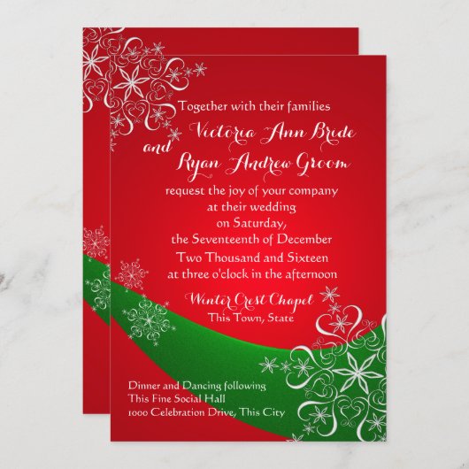 緑の冬の結婚式とスノーフレーク赤 招待状 (正面/裏面)