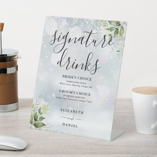 緑の冬の結婚式のシグネチャードリンク 台座サイン (インサイチュ)