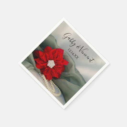 緑の冬の結婚式のポインセチアと真珠 スタンダードカクテルナプキン (角)