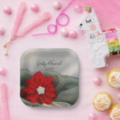 緑の冬の結婚式の赤いポインセチアと真珠 ペーパープレート (パーティー)