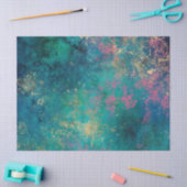 緑の切り離し上のピンクと黄色の(ばちゃばちゃ)跳ねる 薄葉紙 (クラフト)