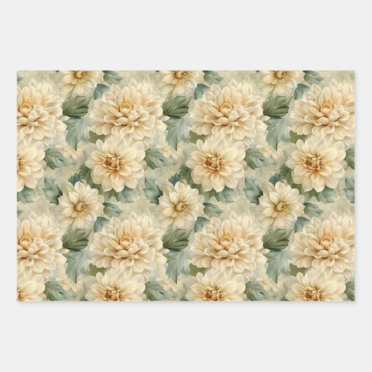 緑の切り離し付きダリア花柄 ラッピングペーパーシート (正面)