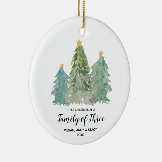 緑の初めてのクリスマスが3人の家族 セラミックオーナメント (右)