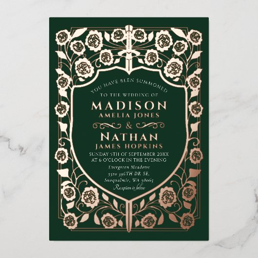 緑の剣と盾の紋章 結婚式 箔招待状 (正面)