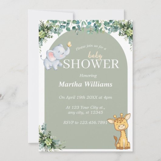緑の動物の中性の赤ちゃんシャワー 招待状 (正面)