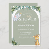 緑の動物の中性の赤ちゃんシャワー 招待状 (正面/裏面)