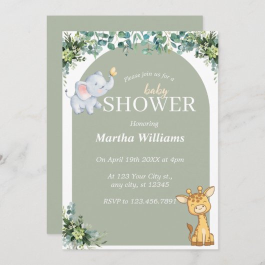 緑の動物の中性の赤ちゃんシャワー 招待状 (正面/裏面)