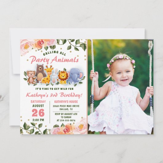 緑の動物の友人ピンクのフローラ誕生日写真 招待状 (正面)