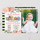 緑の動物の友人ピンクのフローラ誕生日写真 招待状 (正面/裏面)