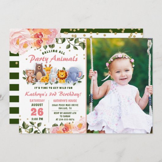 緑の動物の友人ピンクのフローラ誕生日写真 招待状 (正面/裏面)
