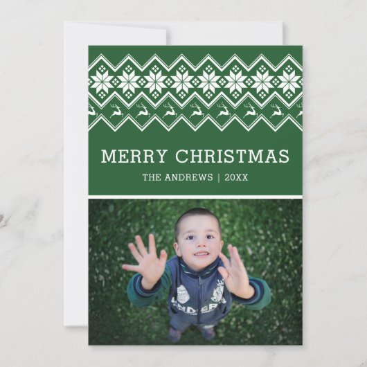 緑の北欧パターンのクリスマスフォト シーズンカード (正面)