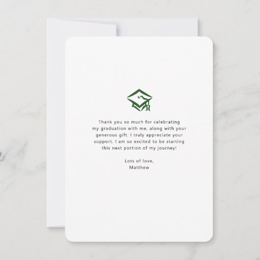 緑の卒業写真はっきりしたArchスクリプモダント サンキューカード (裏面)