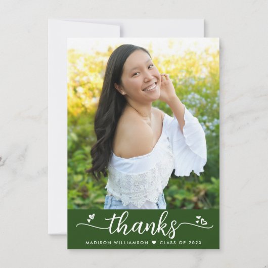 緑の卒業写真スモダンクリプトエレガントハート サンキューカード (正面)