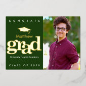 緑の卒業写真モダンキャはっきりしたップ実在金ゴールド 箔招待状 (正面)