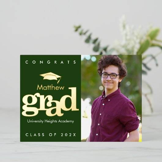 緑の卒業写真モダンキャはっきりしたップ実在金ゴールド 箔招待状 (立ち正面)