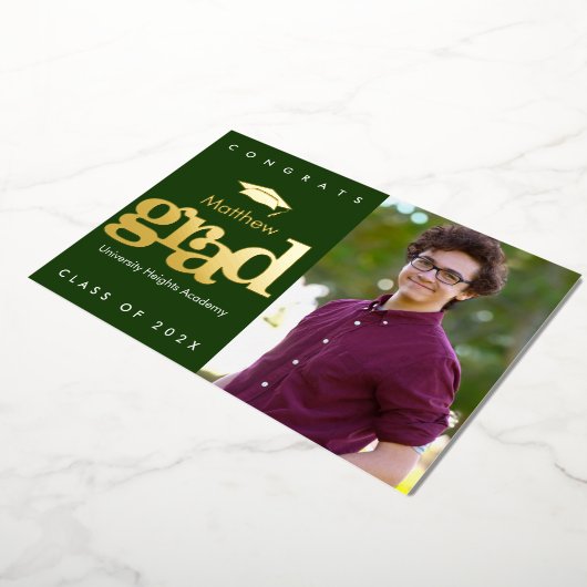 緑の卒業写真モダンキャはっきりしたップ実在金ゴールド 箔招待状 (回転した状態)