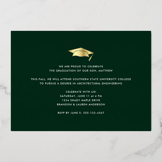 緑の卒業写真モダンキャはっきりしたップ実在金ゴールド 箔招待状 (裏面)
