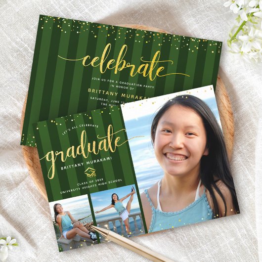 緑の卒業式3フォト金ゴールドグリッタースクリプトシック 招待状