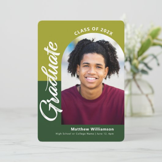 緑の卒業式4フォトアーはっきりしたチスクリプトモダン 案内状 (スタンド正面)