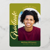 緑の卒業式4フォトアーはっきりしたチパーティー実在金ゴールド 箔招待状 (正面)