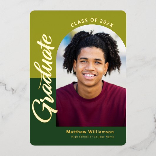 緑の卒業式4フォトアーはっきりしたチパーティー実在金ゴールド 箔招待状 (正面)