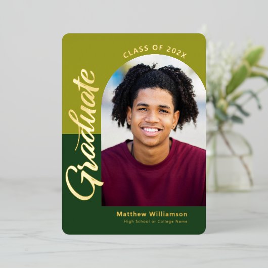 緑の卒業式4フォトアーはっきりしたチパーティー実在金ゴールド 箔招待状 (立ち正面)