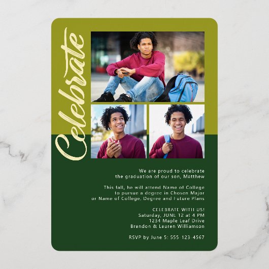 緑の卒業式4フォトアーはっきりしたチパーティー実在金ゴールド 箔招待状 (裏面)