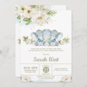 緑の双子ゾウ双子の男の子ベビースシャワー 招待状 (正面/裏面)