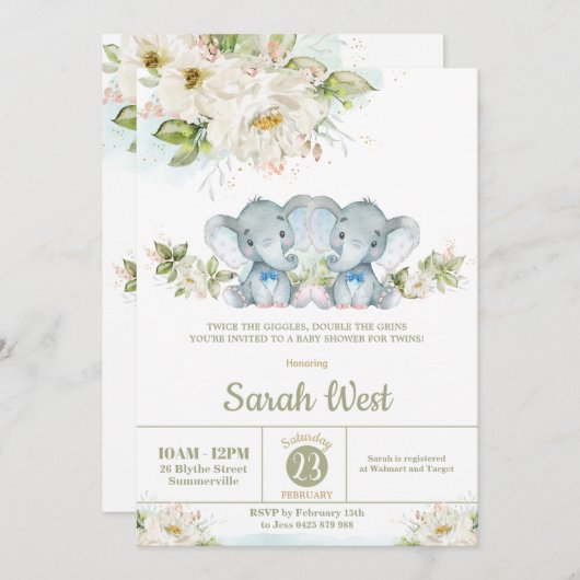 緑の双子ゾウ双子の男の子ベビースシャワー 招待状 (正面/裏面)