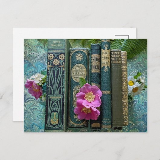 緑の古い本と野生のピンクのバラ ポストカード (正面/裏面)