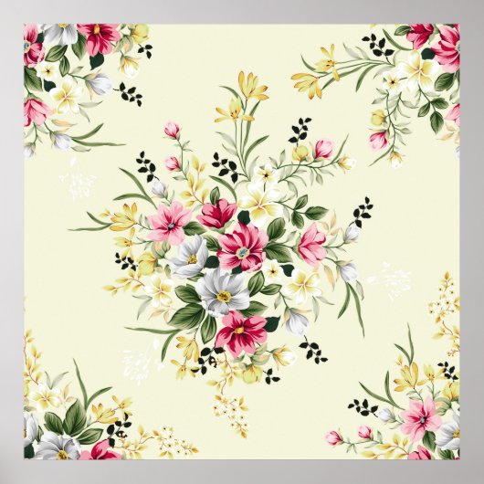 緑の可愛いピンク色の灰色と黄色の離れ花 ポスター (正面)