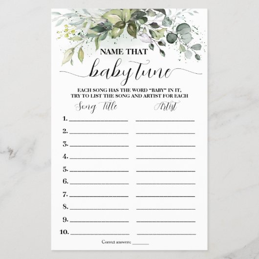 緑の名前ベビーチューンベビーシャワーゲームカード チラシ (正面)