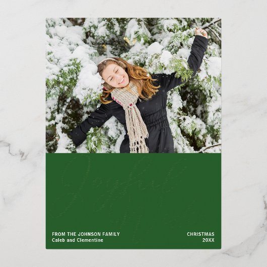 緑の喜びの願いクリスマス写真シック金ゴールド 箔シーズンポストカード (正面)