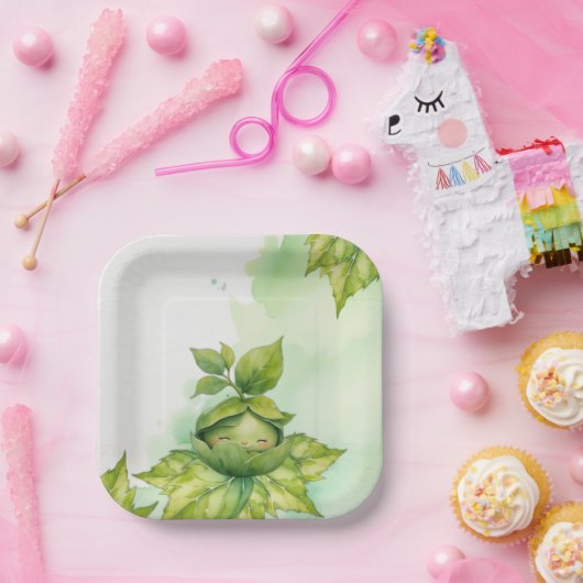 緑の図解入りの、写真付きの自然赤ちゃんシャワー ペーパープレート (パーティー)