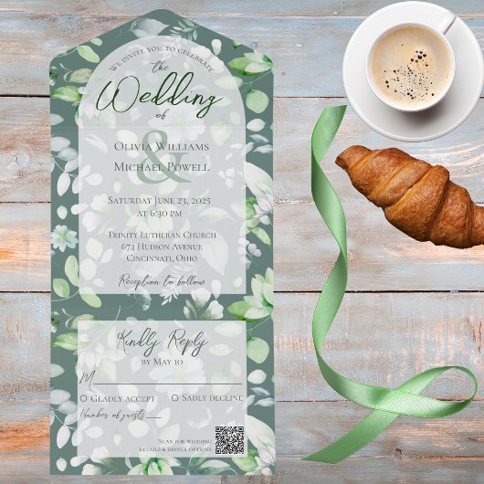 緑の国の濃淡フローラQRコード オールインワン招待状