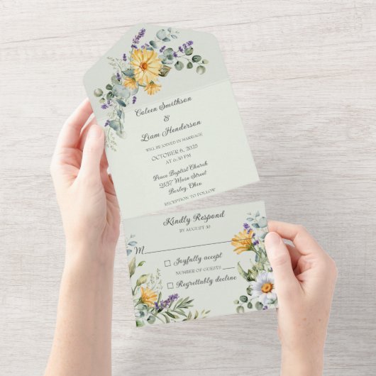 緑の国の野淡い色の草花 オールインワン招待状 (貼ってはがせる)