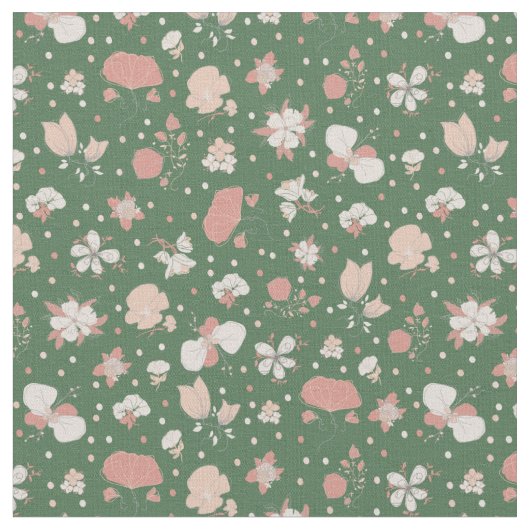 緑の地に花のスケッチ ファブリック (クローズアップ)