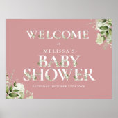 緑の埃っぽいバラピンクの赤ちゃんシャワー歓迎サイン ポスター (正面)