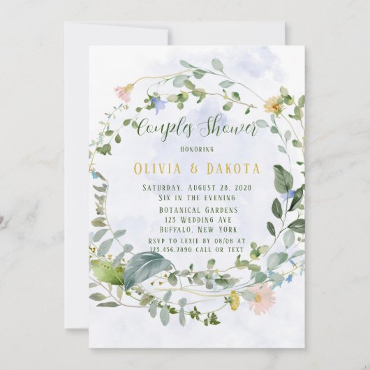 緑の埃っぽい青いワイルドフラワーカップルがシャワー 招待状 (正面)