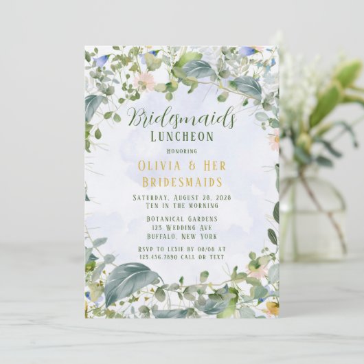 緑の埃っぽい青いワイルドフラワーブリデスメイドランチ 招待状 (スタンド正面)