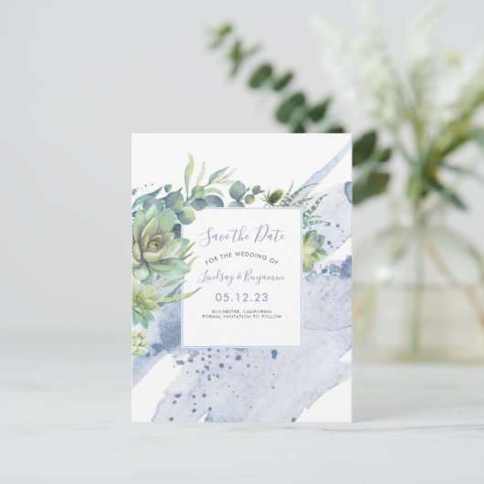 緑の塵の青の多肉汁の日付を保存 案内ポストカード (スタンド正面)