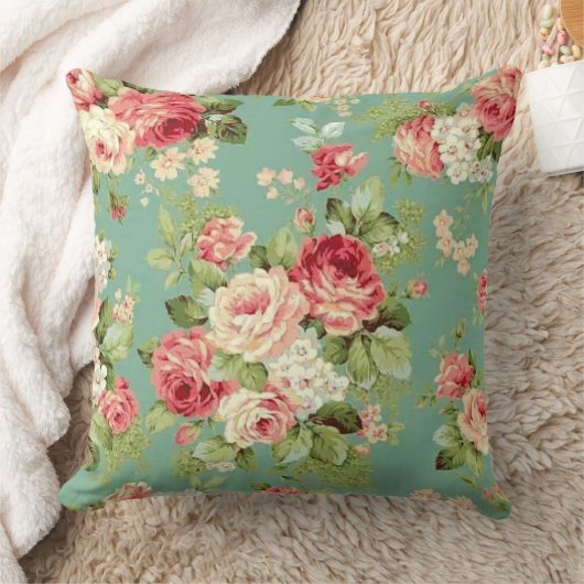 緑の壁紙のプリントのヴィンテージのピンクのバラ クッション (ブランケット)